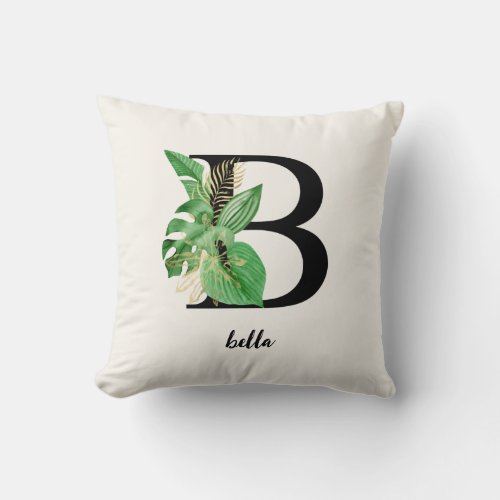 Green and Gold Tropical B Monogram Throw Pillow