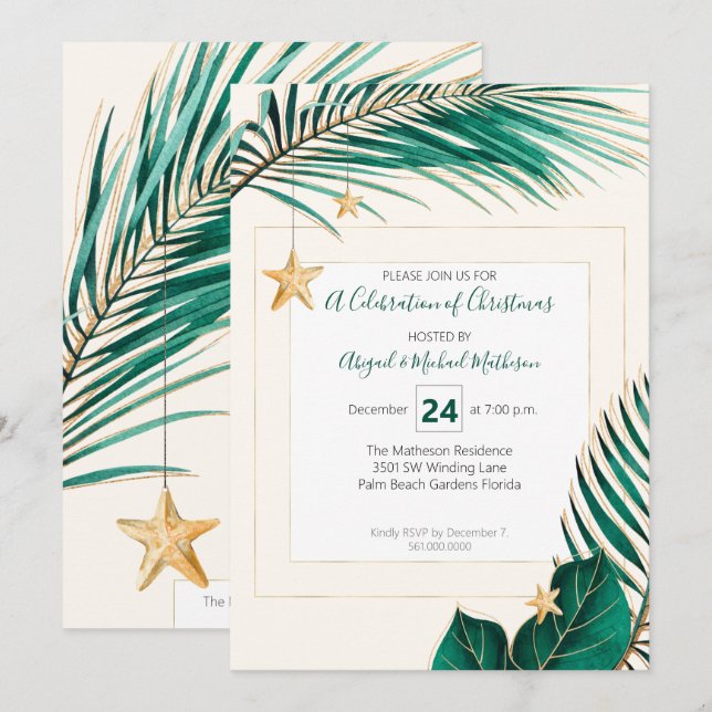 Green and Gold Tropical Greenery Christmas Party Invitation (Front/Back)