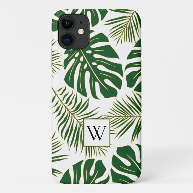 Green and gold tropical leaves and monogram Case-Mate iPhone case (Back)