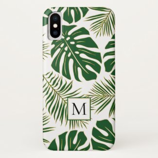Green and gold tropical leaves and monogram Case-Mate iPhone case