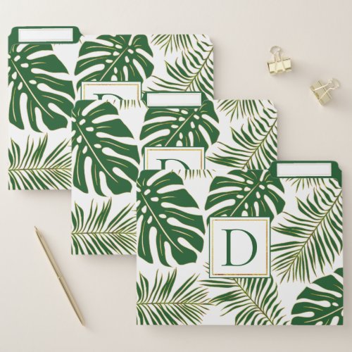 Green and gold tropical leaves and monogram file folder