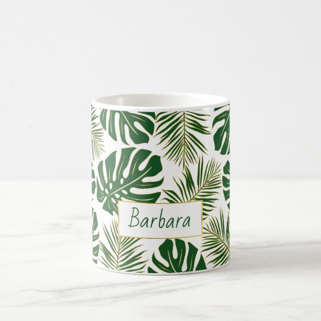 Green and gold tropical leaves and name coffee mug (Center)