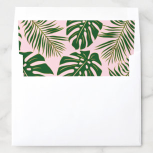 Green and gold tropical leaves blush pink wedding envelope liner