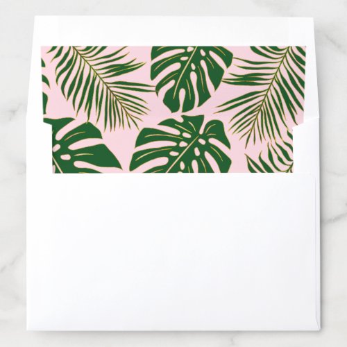 Green and gold tropical leaves blush pink wedding envelope liner