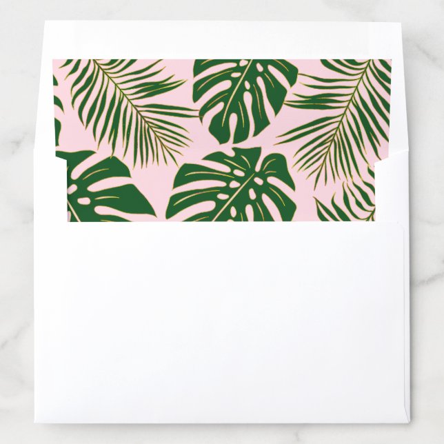 Green and gold tropical leaves blush pink wedding envelope liner (In Envelope)