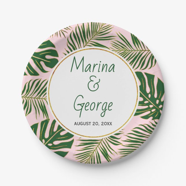 Green and gold tropical leaves blush pink wedding paper plates (Front)