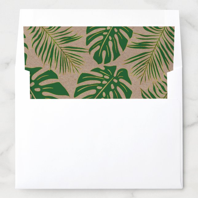 Green and gold tropical leaves kraft paper wedding envelope liner (In Envelope)