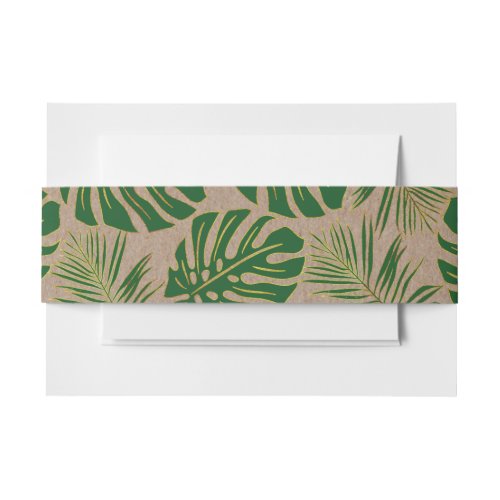 Green and gold tropical leaves kraft paper wedding invitation belly band