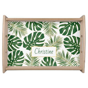 Green and gold tropical leaves modern serving tray