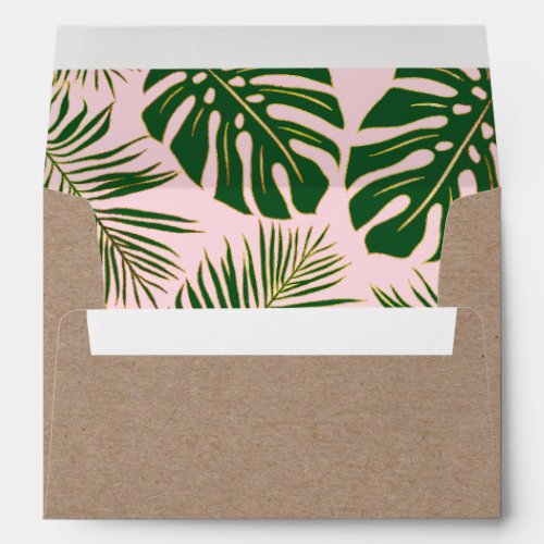 Green and gold tropical leaves pink rustic wedding envelope