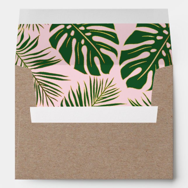Green and gold tropical leaves pink rustic wedding envelope (Back (Bottom))