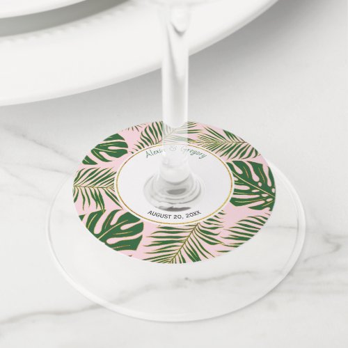 Green and gold tropical leaves pink wedding wine glass tag