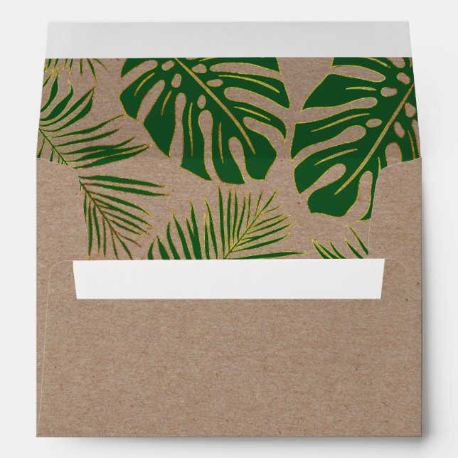 Green and gold tropical leaves rustic wedding envelope (Back (Bottom))