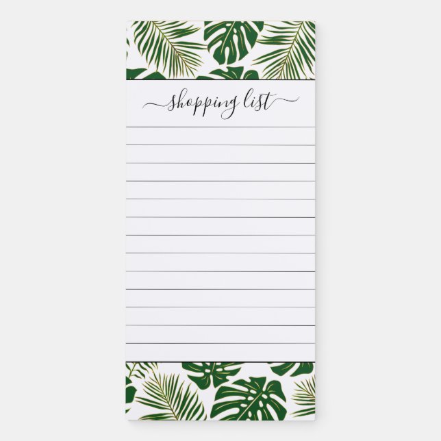 Green and gold tropical leaves shopping list magnetic notepad (Front)