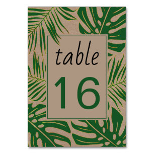 Green and gold tropical leaves wedding table number