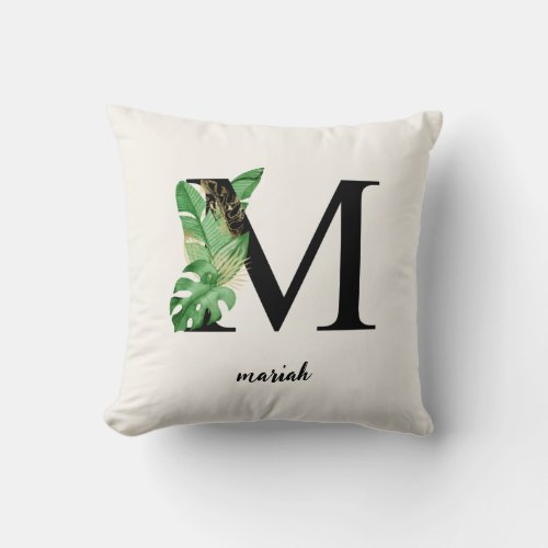 Green and Gold Tropical M Monogram Throw Pillow