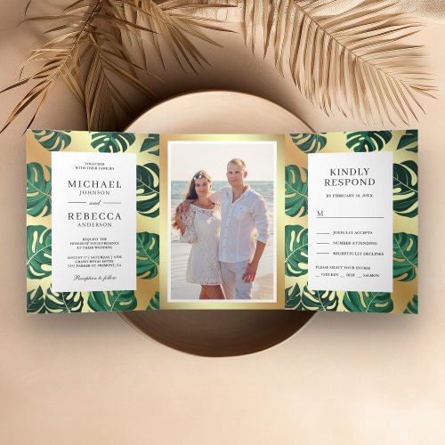 Green and Gold Tropical Monstera Leaves Wedding Tri_Fold Invitation