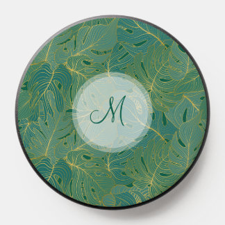 Green and gold tropical palm leaves collage PopSocket