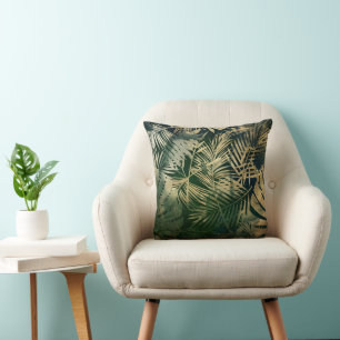 Green and Gold Tropical Palm Leaves Throw Pillow