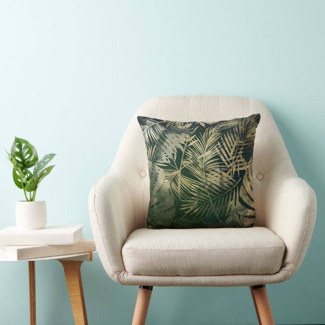 Green and Gold Tropical Palm Leaves Throw Pillow (Chair)