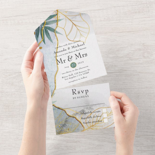 Green and Gold Tropical Wedding All In One Invitation (Tearaway)
