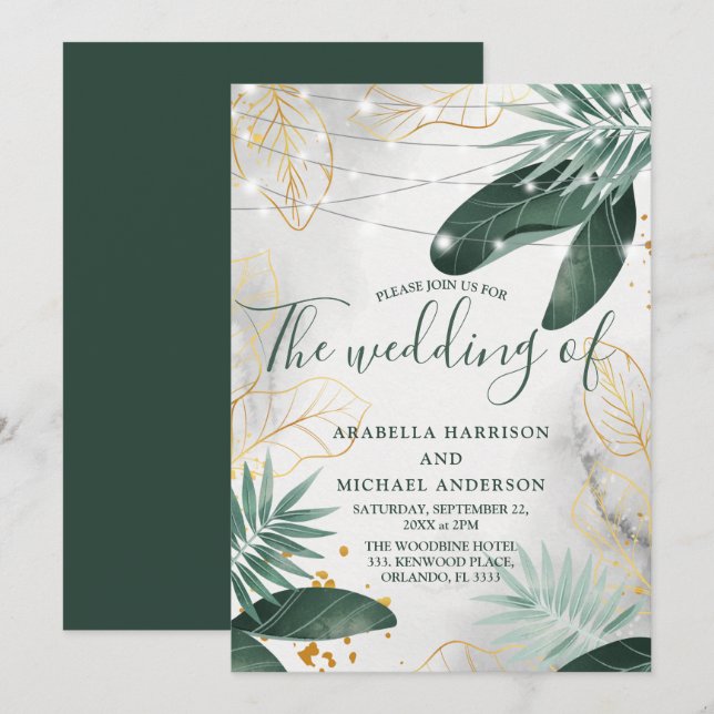 Green And Gold Tropical wedding Invitation (Front/Back)