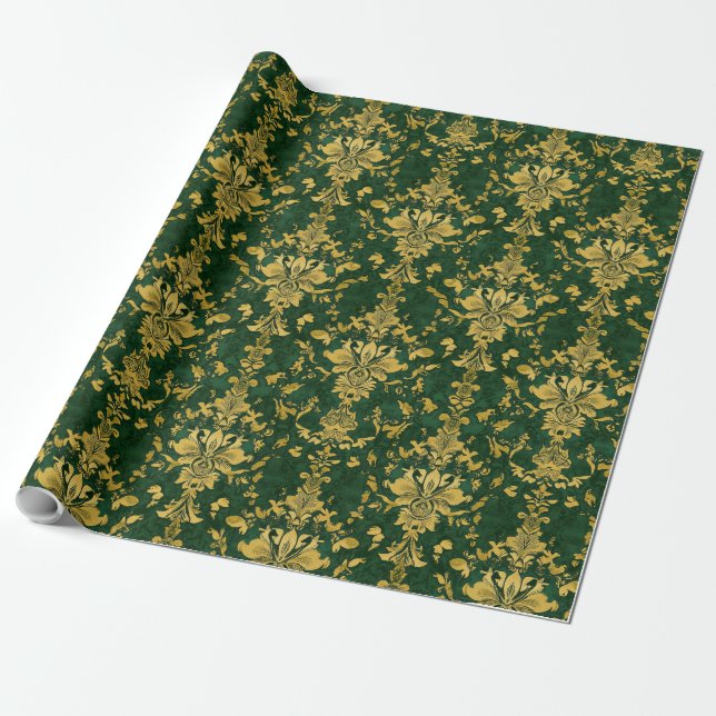 Green and Gold Victorian Design Wrapping Paper (Unrolled)