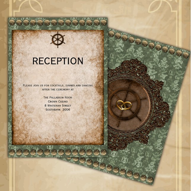 Green and Gold Victorian Steampunk Reception  Enclosure Card (Creator Uploaded)
