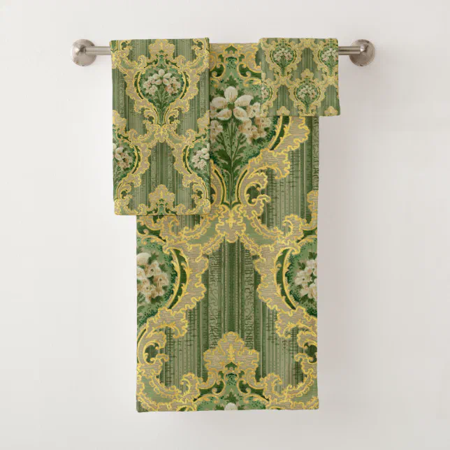Green and Gold Vintage Floral Bath Towel Set | Zazzle