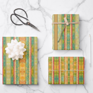 Green and Gold  Vintage Watercolor Stripes Wrapping Paper Sheets