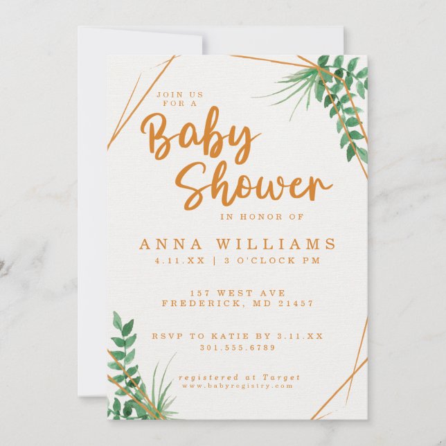 Green and Gold Watercolor Baby Shower Invitation (Front)