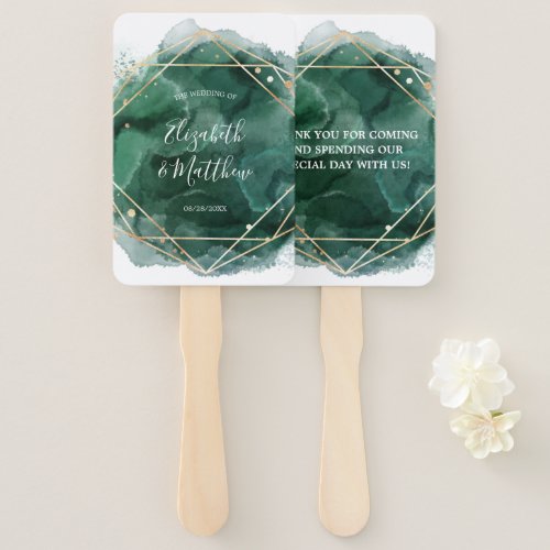 Green and Gold Watercolor Geometric Wedding Hand Fan