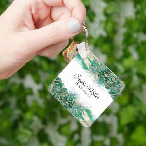 Green And Gold Watercolour Custom Modern Business  Keychain