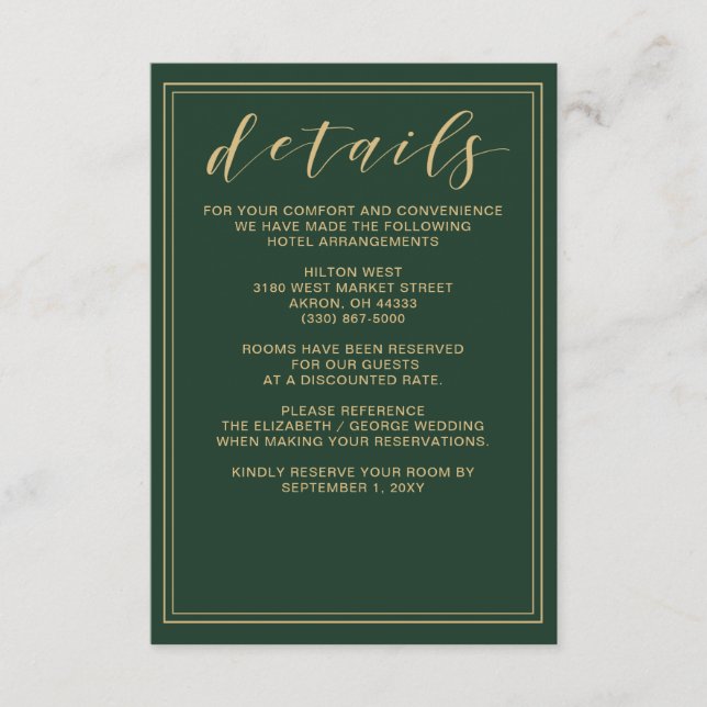 Green and Gold Wedding details card (Front)