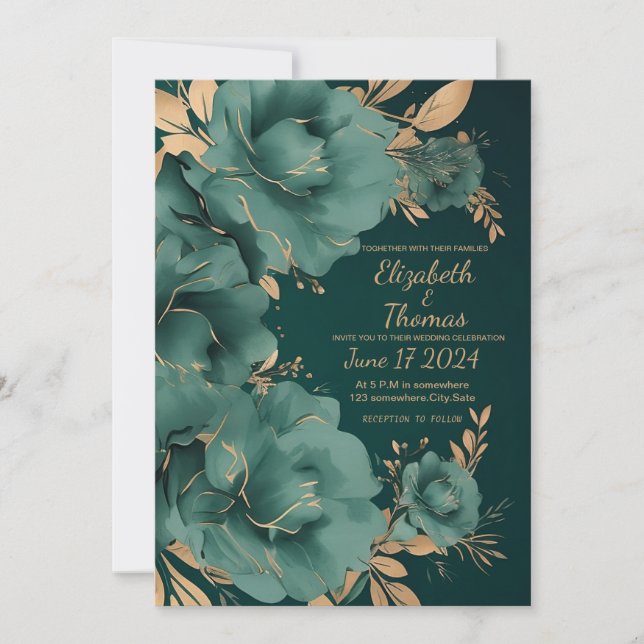 Green and Gold wedding Invitation. Invitation (Front)