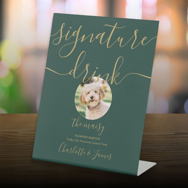 Green And Gold Wedding Pet Signature Drink Pedestal Sign (Green And Gold Wedding Pet Signature Drink Pedestal Sign)