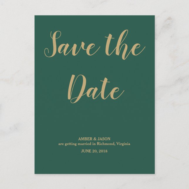 Green and Gold Wedding Save the Date Announcement Postcard (Front)