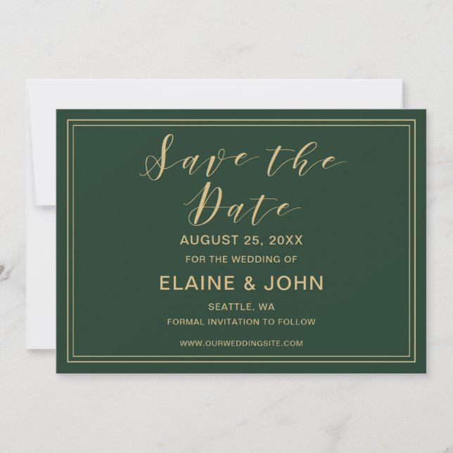 Green and Gold Wedding save the dates Date (Front)
