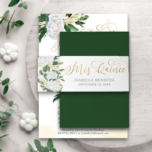 Green and Gold White Peony Rose Floral Mis Quince Invitation Belly Band