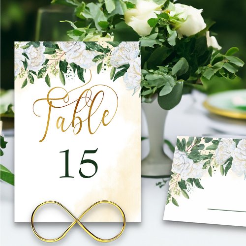 Green and Gold White Peony Rose Floral Table Number