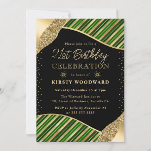 Green and Gold Winter Stripes 21st Birthday Invitation
