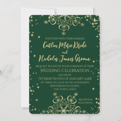 Green and Gold Winter Wedding Snowflakes Invita Invitation