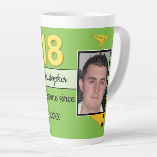 Green and gold with name 18th birthday photo latte mug