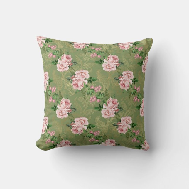 Green and Gold with Pink Roses Throw Pillow (Front)