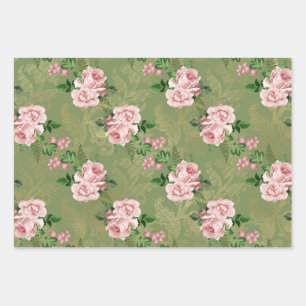 Green and Gold with Pink Roses Wrapping Paper Sheets