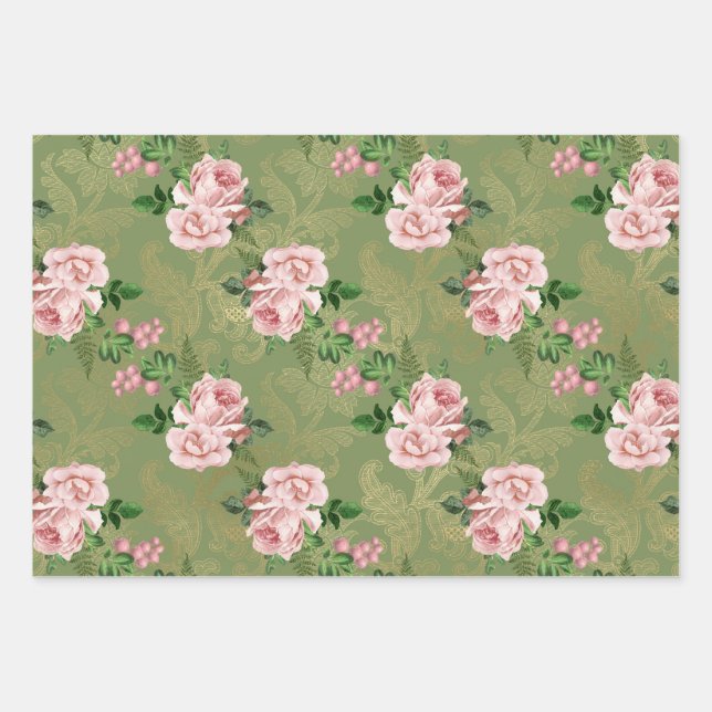 Green and Gold with Pink Roses Wrapping Paper Sheets (Front)