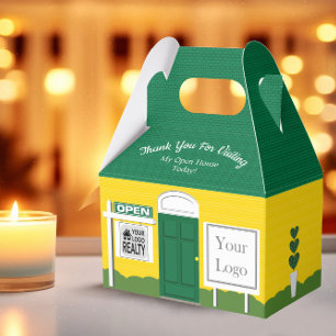 Green and Gold Wooden Sign Realtor Open House Favor Boxes
