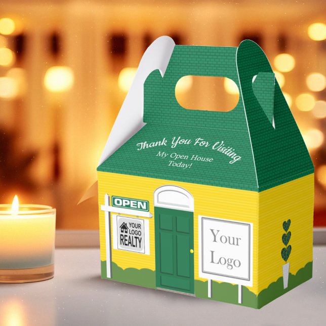 Green and Gold Wooden Sign Realtor Open House Favor Boxes (Creator Uploaded)