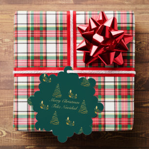 Green and Golden Bilingual Christmas Feliz Navidad Ornament Card