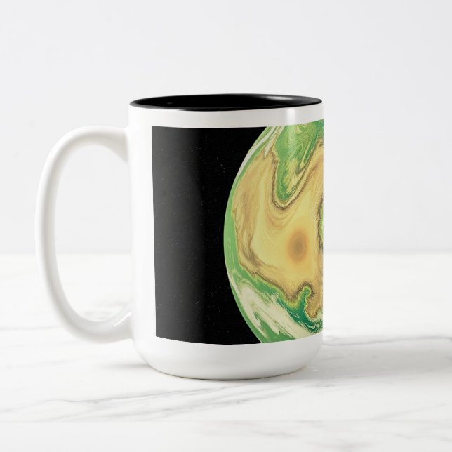 Green and Golden Brown Planet Two-Tone Coffee Mug (Left)